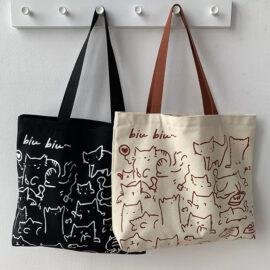 Eco Reusable Foldable Women Cotton Canvas Shopping Shoulder Bag Handbags Casual Cute Bag with inner bag for Women